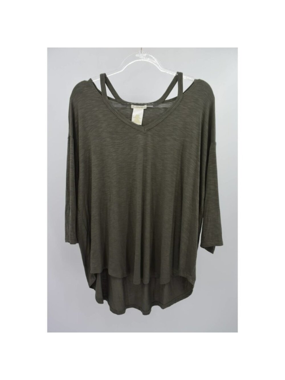 Women's Olive Green Stretch Knit 3/4 Sleeve Tunic Top - Picture 2 of 3